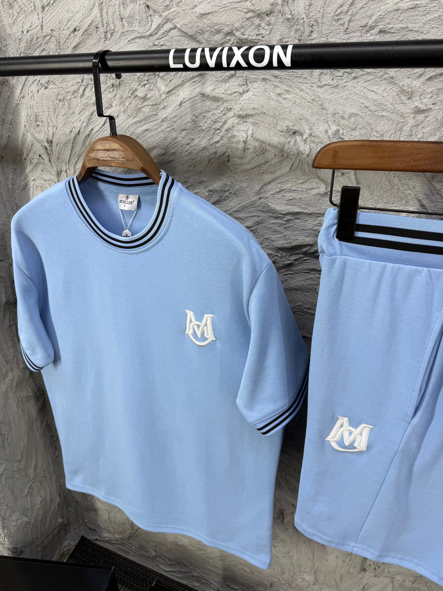Moncler Mavi Nakış Şort Takımı
