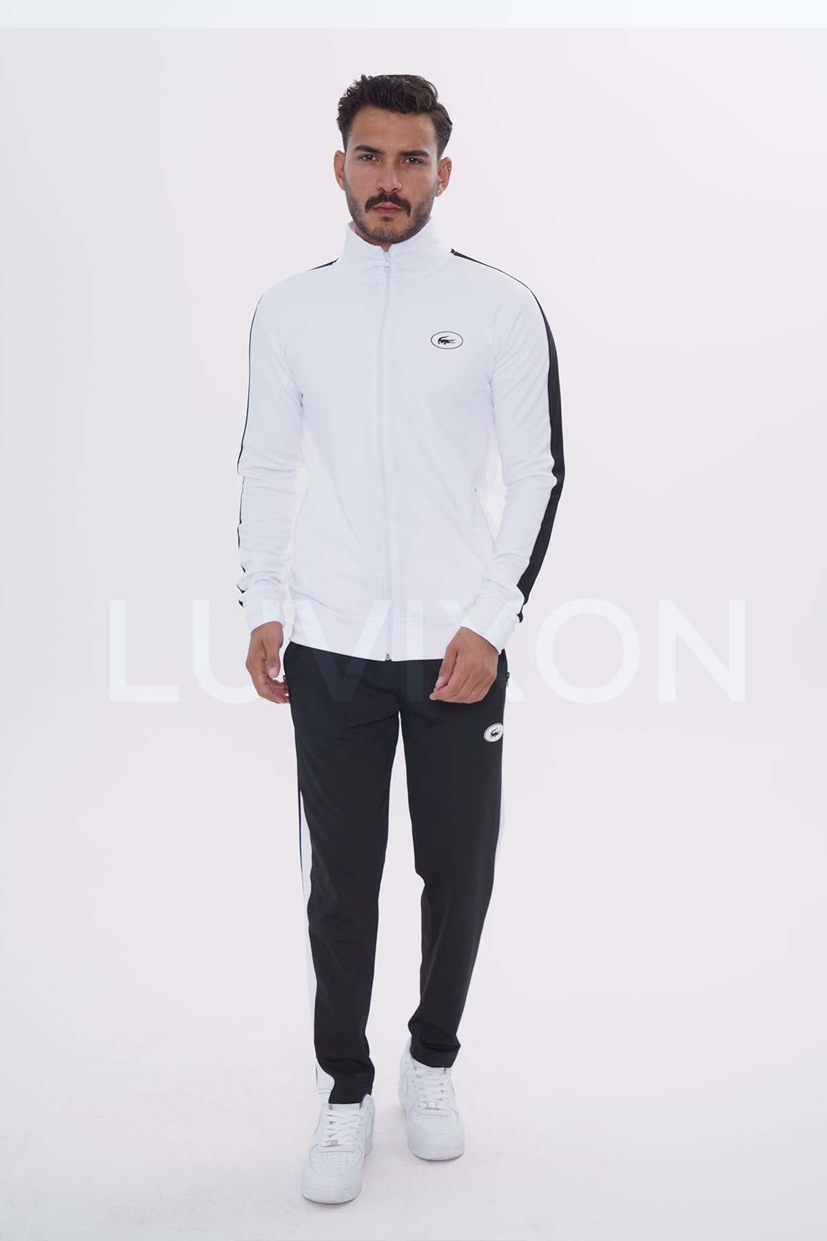 Lacoste Beyaz Siyah Şeritli Eşofman Takımı