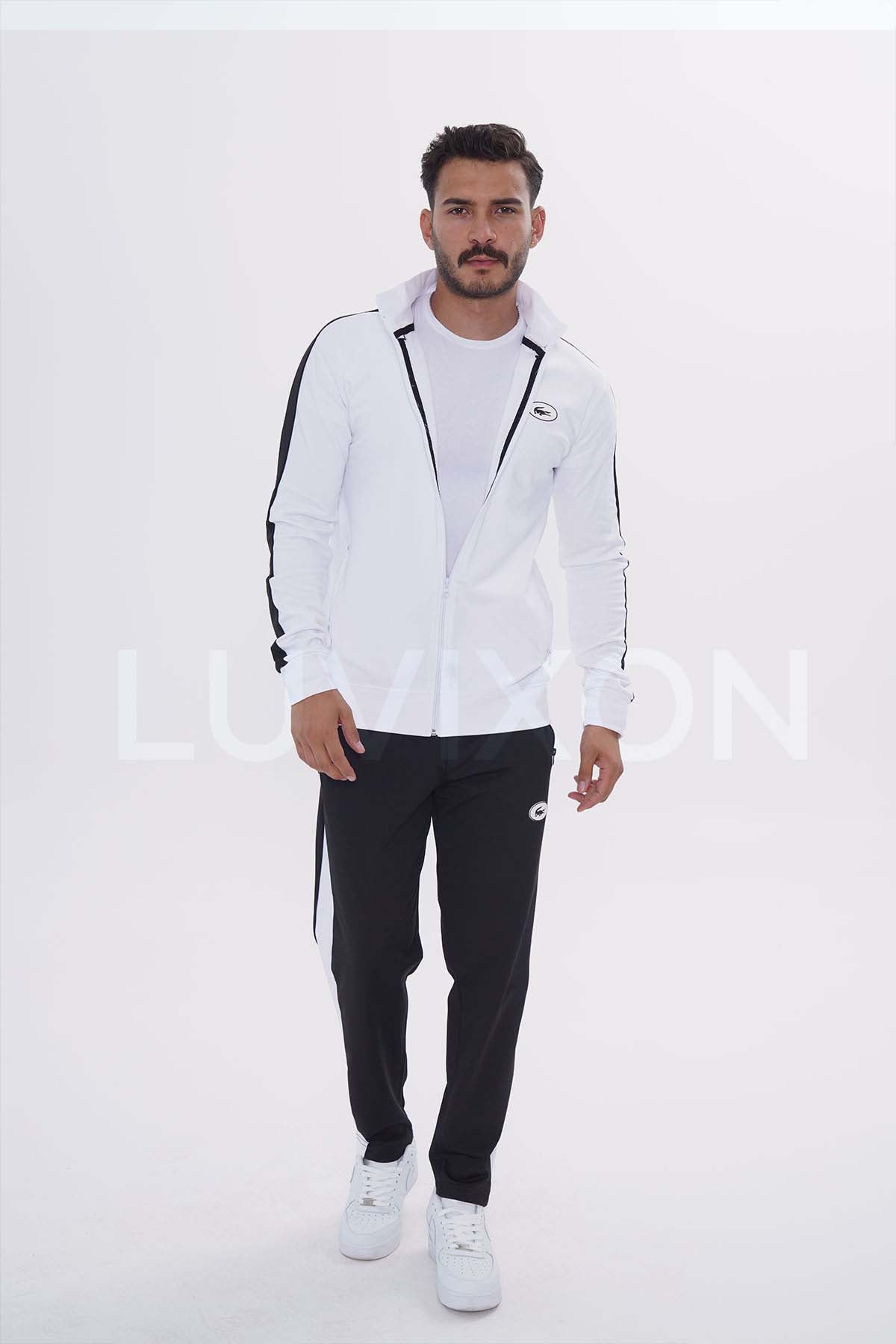 Lacoste Beyaz Siyah Şeritli Eşofman Takımı