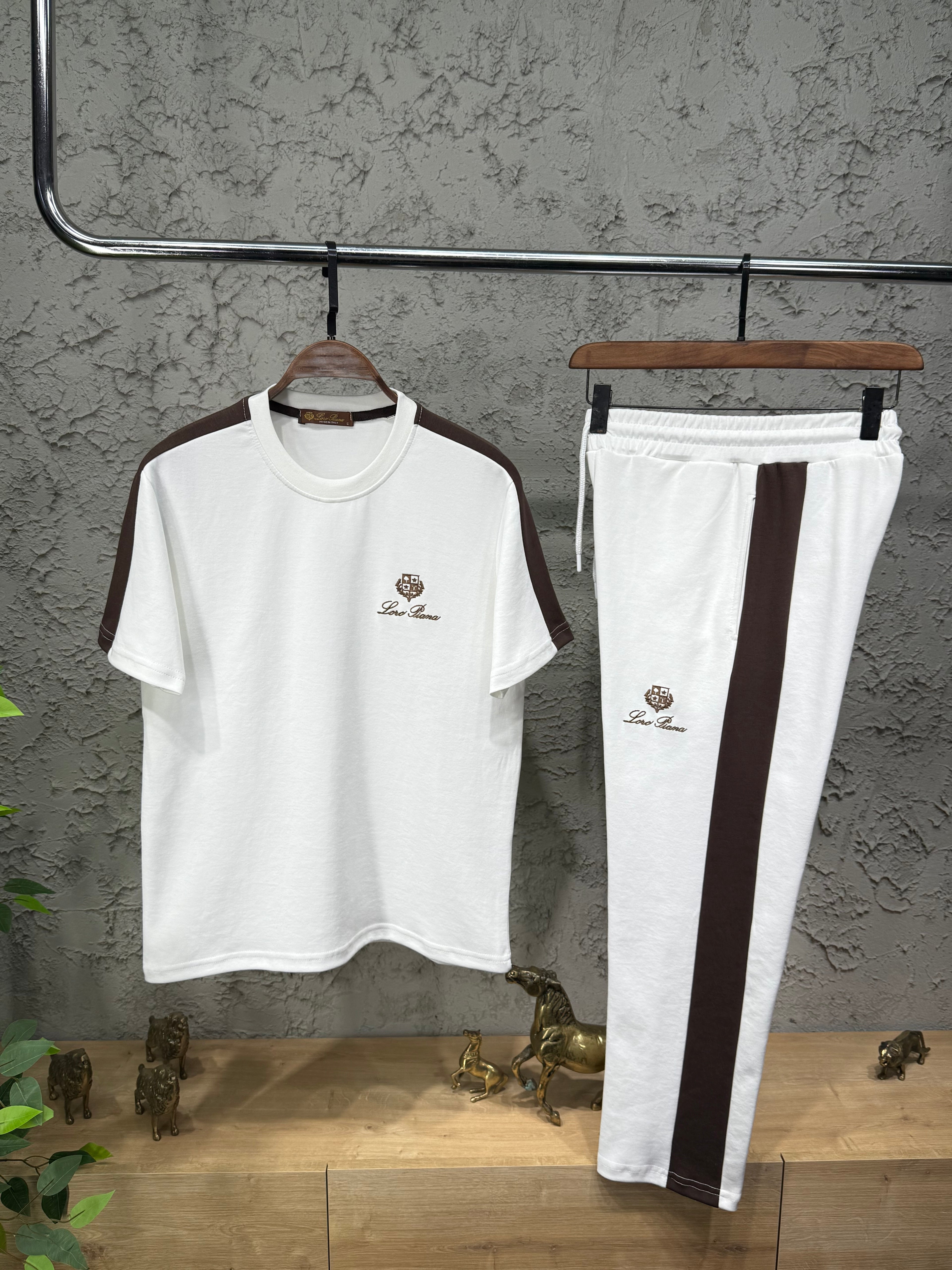 Loro Piana Erkek Beyaz Kahverengi Şeritli Eşofman Takımı