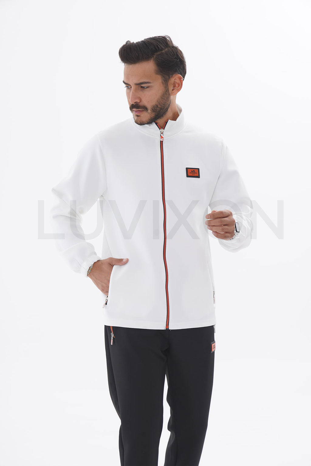 Hermes Fermuar Detaylı Beyaz Eşofman Takımı